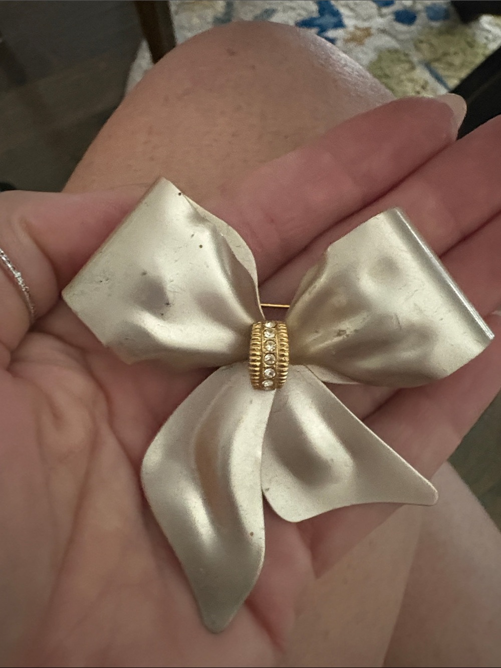 Vintage Pearl Satin Bow Brooch with Gold Rhinestone Center